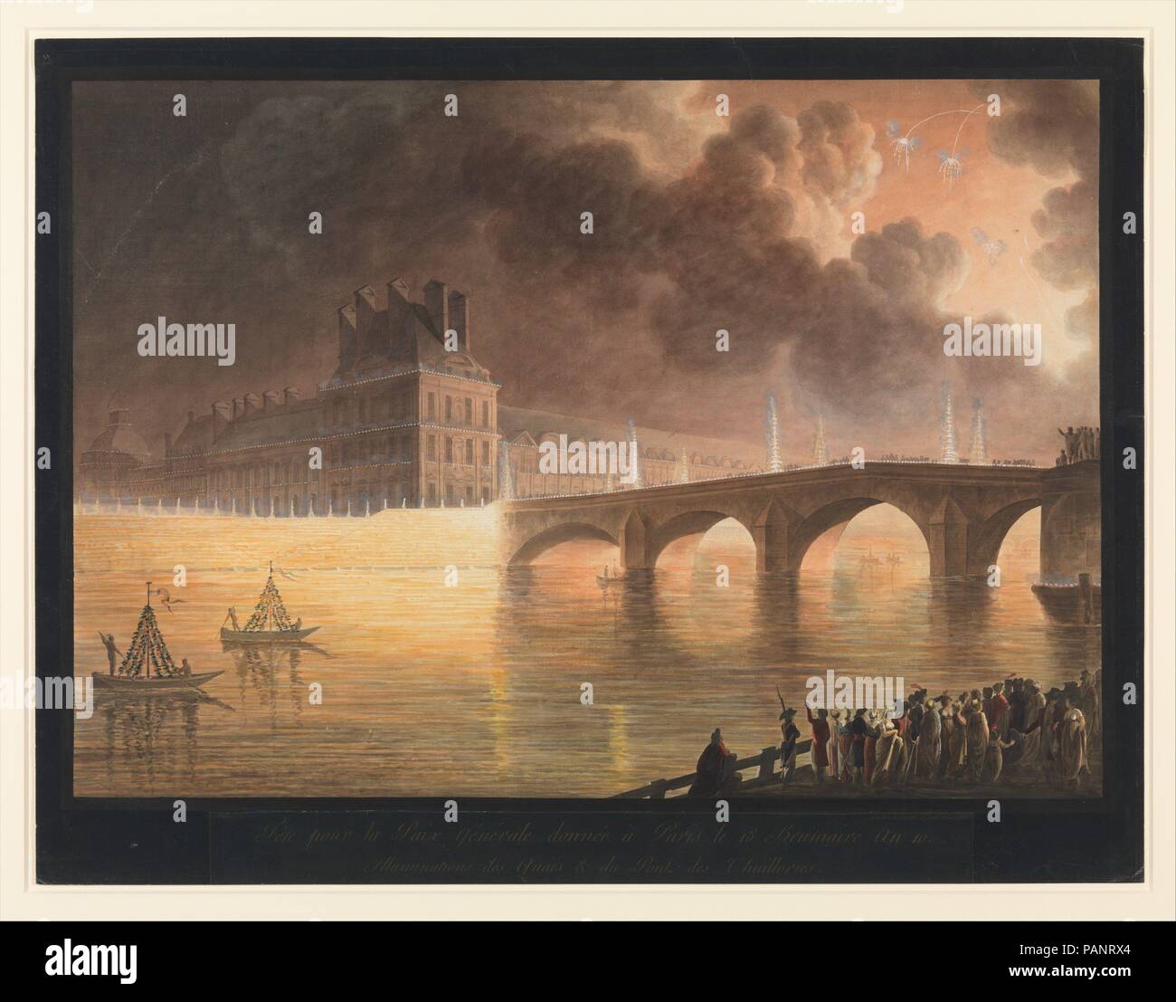 Fête pour la Paix Générale donnée à Paris le 18 Brumaire. Pont Royal. Artist: Francesco Piranesi (Italian, Rome 1758-1810 Paris); François Jean Sablet (French, Morges 1745-1819 Nantes). Dimensions: Sheet: 25 3/16 × 33 1/16 in. (64 × 84 cm). Date: 1801-2.  One of two fête prints showing the illuminations of the Tuileries bridges for the celebration of the 'Paix Générale' at Paris, November 9, 1801'. This was the second commemoration of Napoleon's coup d'état of 18 Brumaire 1799. This print shows a night time view from the Rive Gauche looking across the river Seine at the Pont Royal and the Louv Stock Photo