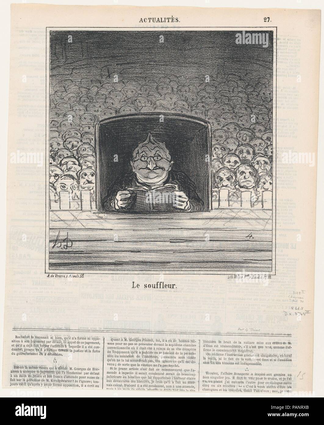 The prompter, from 'News of the day,' published in Le Charivari, February 7, 1870. Artist: Honoré Daumier (French, Marseilles 1808-1879 Valmondois). Dimensions: Image: 8 11/16 × 8 1/16 in. (22 × 20.4 cm)  Sheet: 13 13/16 × 11 3/16 in. (35.1 × 28.4 cm). Printer: Destouches (Paris). Publisher: Arnaud de Vresse. Series/Portfolio: 'News of the day' (Actualités). Subject: Marie Joseph Louis Adolphe Thiers (French, Marseille 1797-1877 Saint-Germain-en-Laye). Date: February 7, 1870. Museum: Metropolitan Museum of Art, New York, USA. Stock Photo