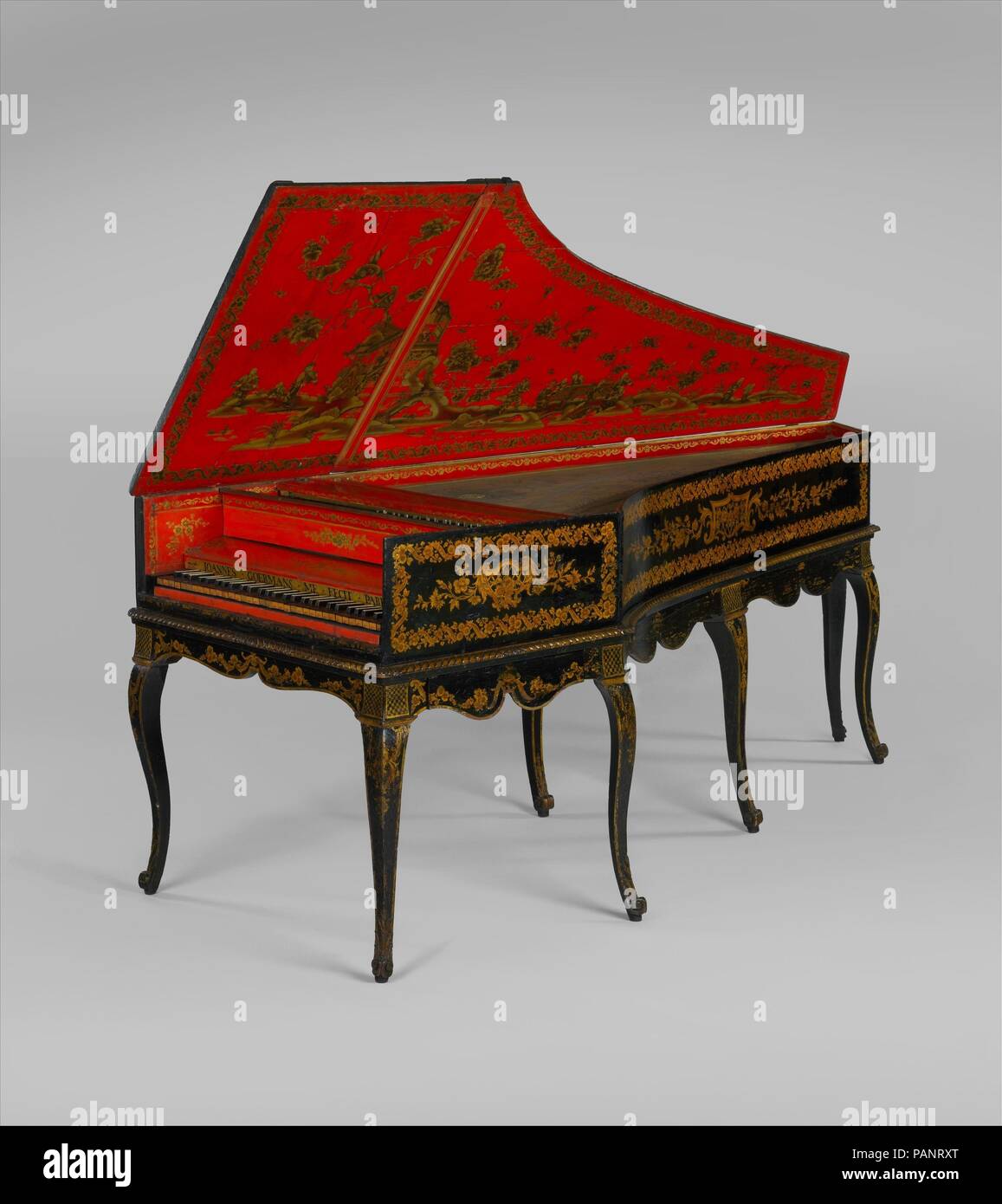 Harpsichord converted to a piano. Culture: French. Dimensions: Height (without lid): 36 7/8 in. (93.6 cm)  Width (parallel to keyboard): 36 3/4 in. (93.3 cm)  Depth (perpendicular to keyboard): 95 3/16 in. (241.7 cm). Maker: Jean Goermans (Dutch, active France, Gelden, The Netherlands 1703-1777 Paris). Date: 1754.  The harpsichord reached its greatest popularity and refinement in eighteenth century France. The French Revolution of 1789 and subsequent turmoil caused many of these beautiful instruments to be destroyed. This example is a rare survivor that was later converted to a piano in the la Stock Photo
