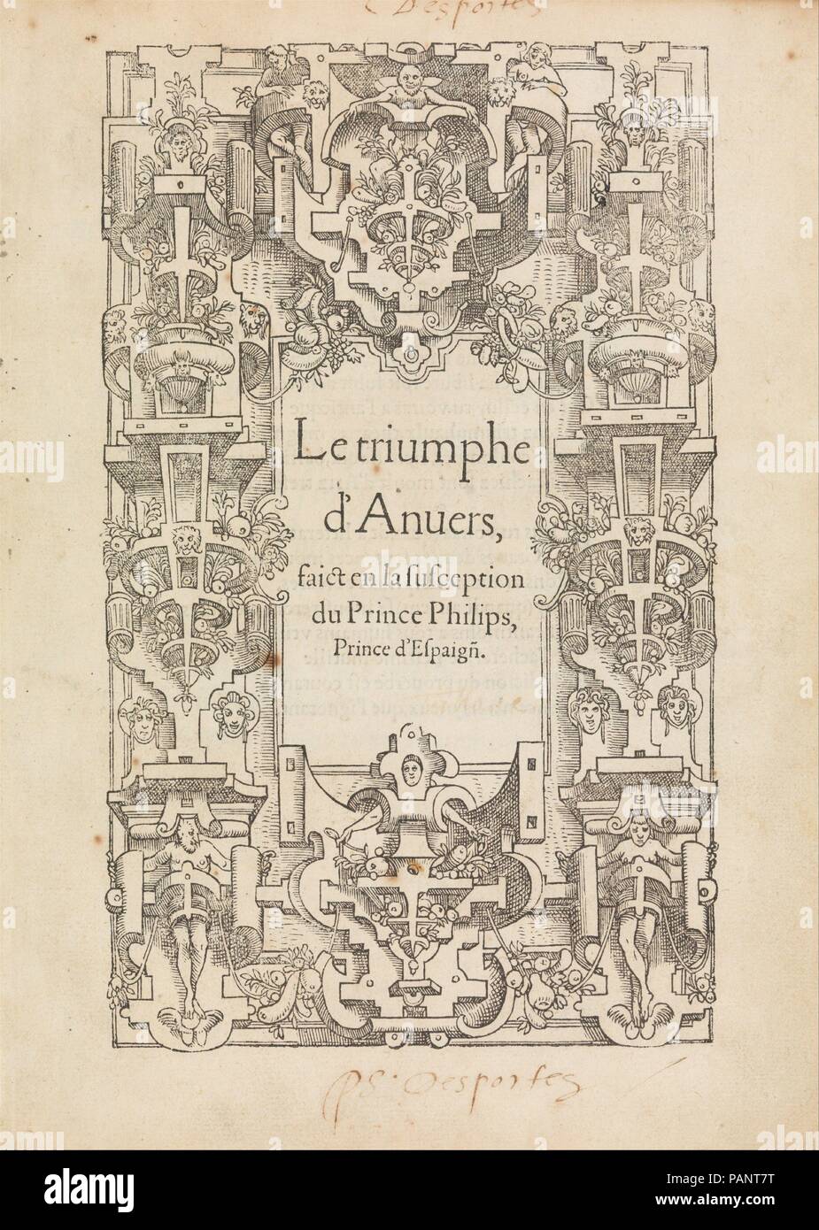 Le triomphe d'Anvers faict en la susception du Prince Philips, Prince d'Espaign[e]. Artist: Pieter Coecke van Aelst (Netherlandish, Aelst 1502-1550 Brussels). Author: Written by Cornelius Grapheus (Netherlandish, Aalst ca. 1482-1558 Antwerp). Dimensions: 10 7/16 x 8 1/16 x 13/16 in.  (26.5 x 20.5 x 2 cm). Printer: Printed by Gillis Coppens van Diest (Flemish). Published in: Antwerp. Publisher: Published by Pieter Coecke van Aelst (Netherlandish, Aelst 1502-1550 Brussels). Date: 1550. Museum: Metropolitan Museum of Art, New York, USA. Stock Photo