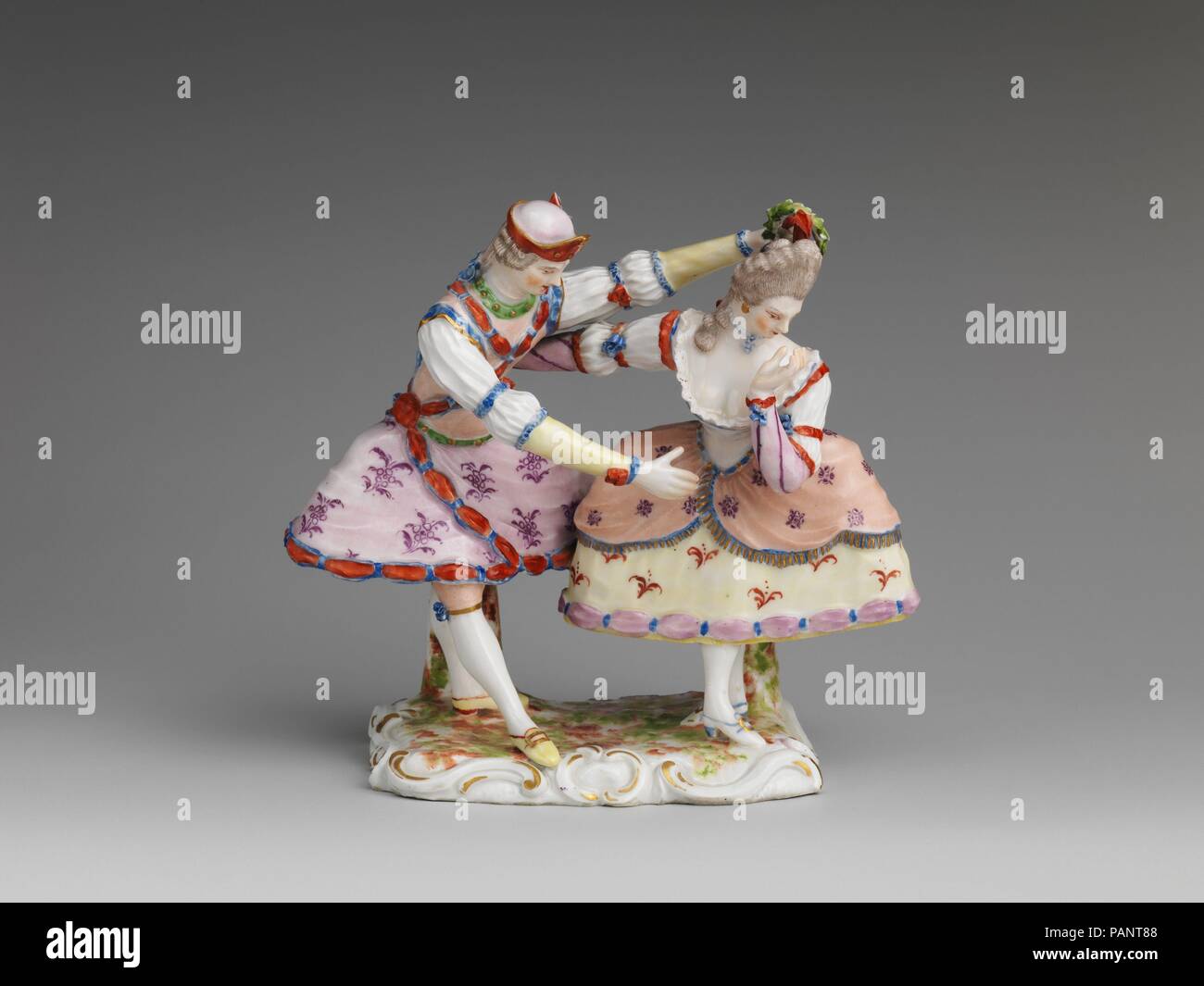 Pas de Deux. Culture: German, Ludwigsburg. Dimensions: Overall (confirmed): 5 15/16 x 6 3/8 x 3 9/16 in. (15.1 x 16.2 x 9 cm). Modeler: Joseph Nees (active 1758-73). Date: ca. 1760-63.  The founder of the Ludwigsburg factory, Duke Karl Eugen of Württemberg, was also the founder of what is now the Stuttgart Ballet. His enthusiastic patronage of both porcelain and the ballet is manifested in a series of models of single dancers, pas de deux, and pas de trois, all of which are undoubtedly based on the choreography of Jean-Georges Noverre, who created some nine ballets for Karl Eugen between 1760  Stock Photo