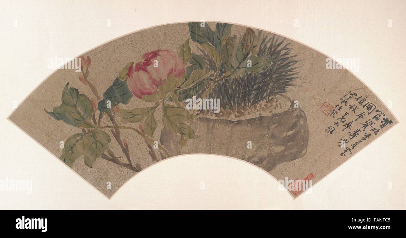 Peony. Artist: Ren Xiong (Chinese, 1823-1857). Culture: China. Dimensions: 6 15/16 x 21 in. (17.6 x 53.3 cm). Date: 19th century.  Uprooted during the turbulent years of the Taiping Rebellion, Ren Xiong, eldest of the Four Rens settled in Shanghai in his later years and became an influential painter of popular subjects: flowers and birds, sages and heroes.  Ren's richly decorative fan is an interpretation of the 18th century 'boneless' (ink without outline) style. Ren renders presence through the lush fullness of ink without painting an organically coherent plant; you will look in vain for a s Stock Photo