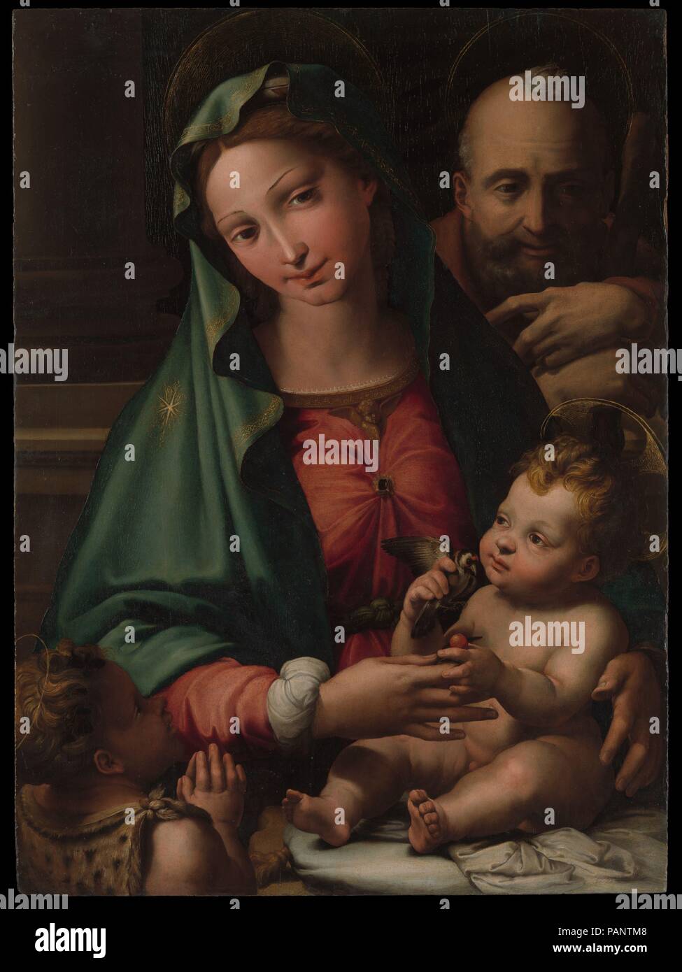 The Holy Family with the Infant Saint John the Baptist. Artist: Perino del Vaga (Pietro Buonaccorsi) (Italian, Florence 1501-1547 Rome). Dimensions: 34 3/4 x 25 5/8 in. (88.3 x 65.1 cm). Date: ca. 1524-26.    Florentine by birth, Perino was trained in Raphael's workshop in Rome, where he soon became one of the most inventive artists of his generation. This is a rare devotional painting by him. It includes traditional symbols such as the goldfinch (symbolic of the Resurrection), but also more unusual details, especially a young Saint John who is crowned with grape leaves and wears a leopard ski Stock Photo