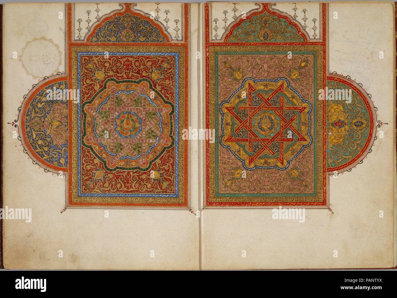 A Manuscript of Five Sections of a Qur'an. Dimensions: H. 7-31/32 in. (20.3cm)  W. 5-31/32 in. (15.2 cm). Date: 18th century.  Two lavishly illuminated double pages open and close this juz' (section) from a Qur'an, which was bound in finely worked leather. The intricate geometric and vegetal decoration of this illumination is conservative and the calligraphy employed here represents a type of script that was almost unchanged in North Africa since the twelfth century, but the rectangular format, the use of paper, and the varied color palette of the illumination are characteristic of the manuscr Stock Photo