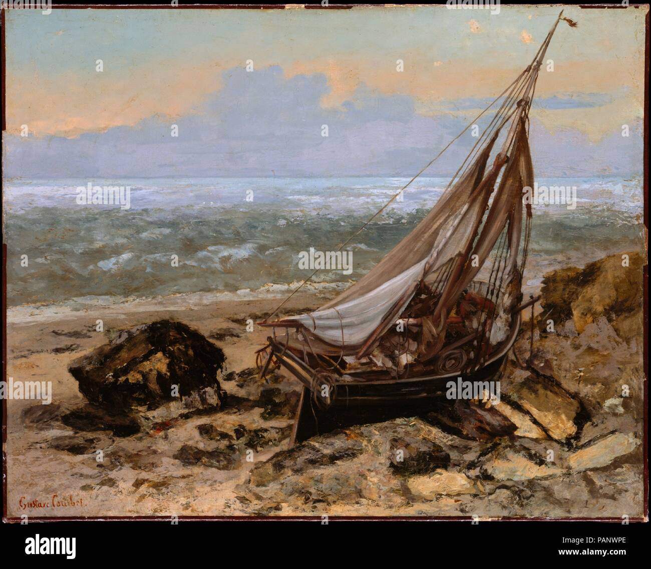 The Fishing Boat. Artist: Gustave Courbet (French, Ornans 1819-1877 La Tour-de-Peilz). Dimensions: 25 1/2 x 32 in. (64.8 x 81.3 cm). Date: 1865.  Courbet painted this work during an intensely productive visit to Trouville with James McNeill Whistler from September until November 1865; in a letter to his father, the artist boasted that he had executed 'thirty-five paintings' in a very short time, which 'stunned everybody.' In his choice of subject, Courbet followed in the wake of Eugène Isabey, Johan Barthold Jongkind, and Eugène Boudin; but unlike many of the canvases executed at the time, thi Stock Photo