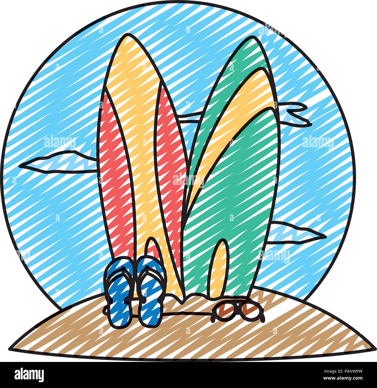 doodle surfboard with flip floaps and sunglasses style Stock Vector ...