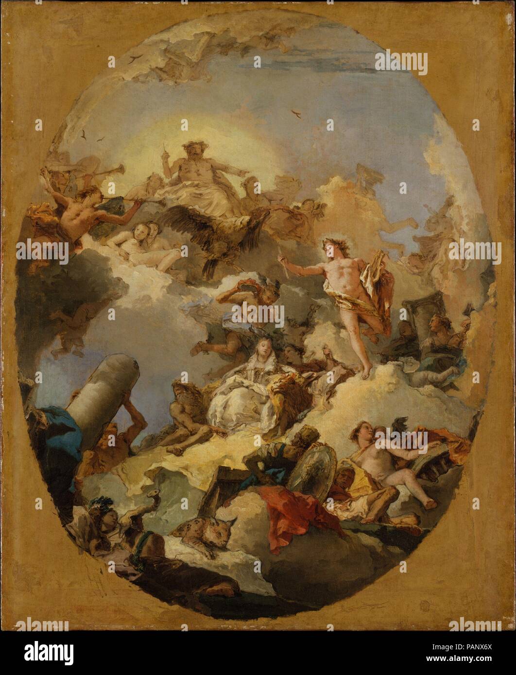 The Apotheosis of the Spanish Monarchy. Artist: Giovanni Battista Tiepolo (Italian, Venice 1696-1770 Madrid). Dimensions: Oval painted surface, 33 1/8 x 27 1/8 in. (84.1 x 68.9 cm). Date: 1760s.  This oil sketch for the ceiling of the <i>saleta</i> adjacent to the throne room of the Palacio Real, Madrid, differs from an alternative version (37.165.3) in the prominence given to Jupiter and his eagle and to Apollo, god of the sun and patron of the arts. Elements of both compositions were used in the final fresco. Museum: Metropolitan Museum of Art, New York, USA. Stock Photo