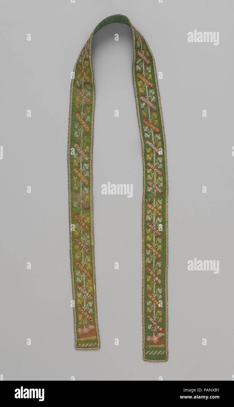 Belt or girdle with a woven love poem. Culture: Italian. Dimensions: L. 66 x W. 2 1/2 inches (167.6 x 6.4 cm). Date: 16th century. Museum: Metropolitan Museum of Art, New York, USA. Stock Photo