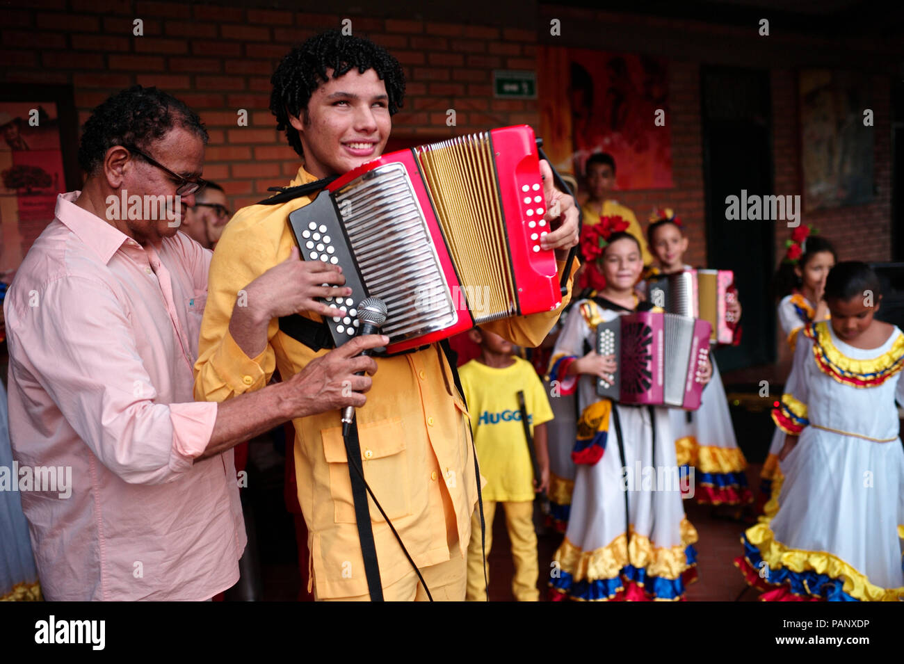 Andres ‘Turco’ Gil’s accordion academy trains young children in the music of vallenato, many of them are refugees from violence or live in poverty Stock Photo