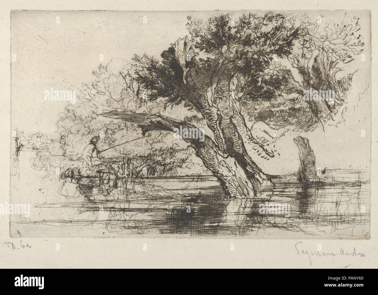 Penton Hook. Artist: Sir Francis Seymour Haden (British, London 1818-1910 Bramdean, Hampshire). Dimensions: Plate: 5 13/16 × 9 1/4 in. (14.8 × 23.5 cm)  Sheet: 7 13/16 × 12 1/8 in. (19.9 × 30.8 cm). Date: 1864.  Seymour Haden was the unlikely combination of a surgeon and an etcher. Although he pursued a very successful medical career, he is mostly remembered for his etched work as well as for his writings on etching. He was one of a group of artists, including James McNeill Whistler (1834-1903) and Alphonse Legros (1837-1911), whose passionate interest in the medium led to the so-called etchin Stock Photo