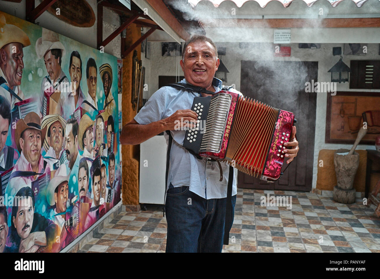 Colombian vallenato composer Beto Murgas at his home and accordion museum Stock Photo