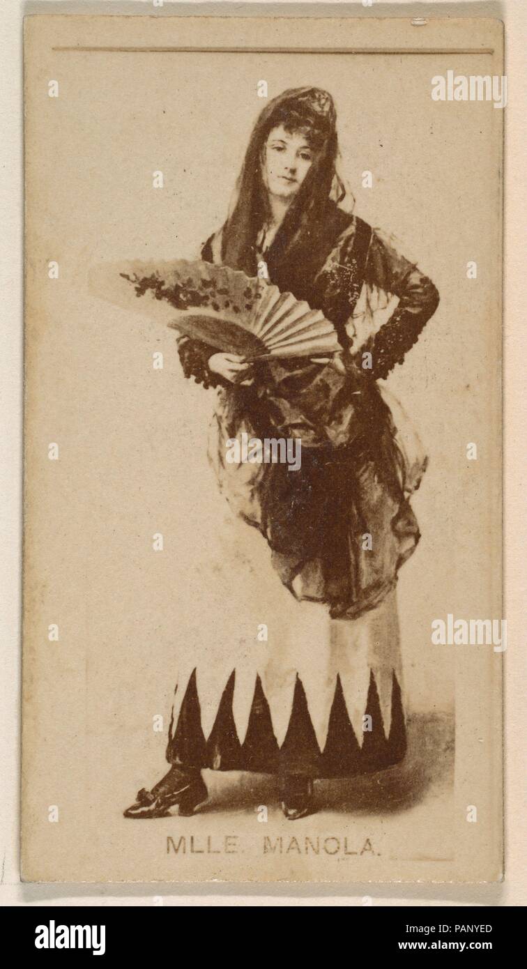 Mlle. Manola, from the Actresses series (N245) issued by Kinney Brothers to promote Sweet Caporal Cigarettes. Dimensions: Sheet: 2 1/2 × 1 7/16 in. (6.4 × 3.7 cm). Publisher: Issued by Kinney Brothers (American). Date: 1890.  Trade cards from the set 'Actors and Actresses' (N245), issued in 1890 by Kinney Brothers Tobacco to promote Sweet Caporal Cigarettes. Museum: Metropolitan Museum of Art, New York, USA. Stock Photo
