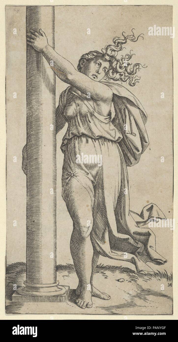 A young woman personifying Force or Strength holding a column. Artist: Marcantonio Raimondi (Italian, Argini (?) ca. 1480-before 1534 Bologna (?)). Dimensions: Sheet: 5 1/4 × 2 7/8 in. (13.3 × 7.3 cm). Date: ca. 1517-27. Museum: Metropolitan Museum of Art, New York, USA. Stock Photo