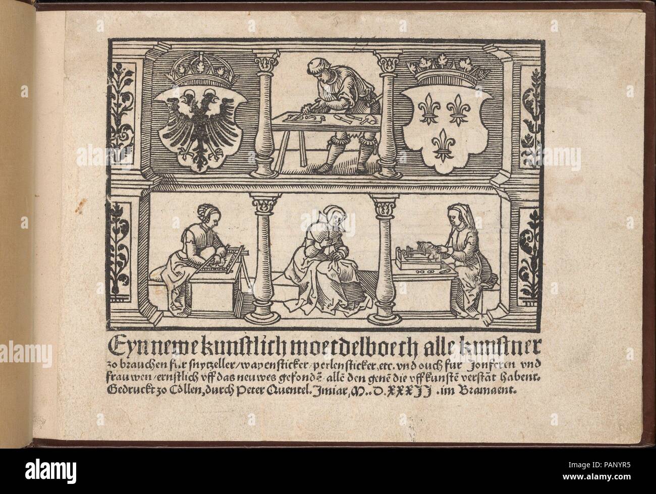 Eyn Newe kunstlich moetdelboech alle kunst. Dimensions: Overall: 5 11/16 x 8 1/16 in. (14.5 x 20.5 cm). Publisher: Peter Quentel (German, active Cologne, 1518-46) , Cologne. Date: 1532.  Published by Peter Guentel, Cologne.  The only  recorded copy (incomplete) of Peter Guentel's second edition of this model book. Illustrated title page and 31 pages of designs.  The first edition of this second book of Peter Guentel appeared in 1529 according to Lotz who records 2 complete copies- 24 leaves, sigs. a - f 4. Althought incomplete, this is the only recorded copy of the second edition.  A number of Stock Photo