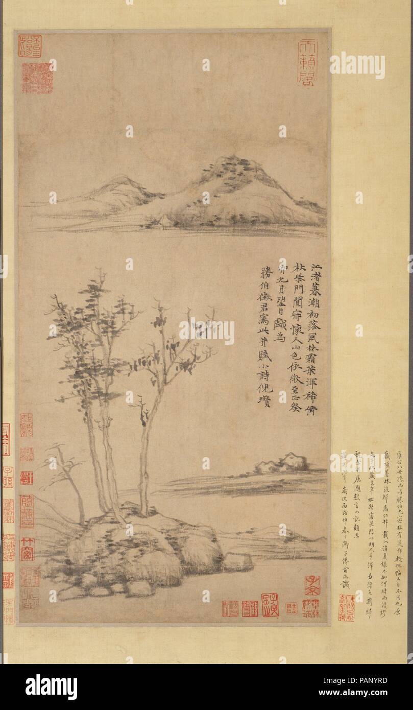 Wind among the Trees on the Riverbank. Artist: Ni Zan (Chinese, 1306-1374). Culture: China. Dimensions: Image: 23 1/4 x 12 1/4 in. (59.1 x 31.1 cm)  Overall with mounting: 102 1/4 x 22 1/4 in. (259.7 x 56.5 cm)  Overall with knobs: 102 1/4 x 27 1/2 in. (259.7 x 69.9 cm). Date: dated 1363.  Between 1356 and 1366 Ni Zan led a refugee's life, residing with his family southwest of Suzhou at a place he nicknamed the Snail's Hut. Compared to his Wuxi days, this was 'another lifetime,' but the family was able to settle down to an existence of 'simple sustenance, harmony, and happiness.' His paintings Stock Photo