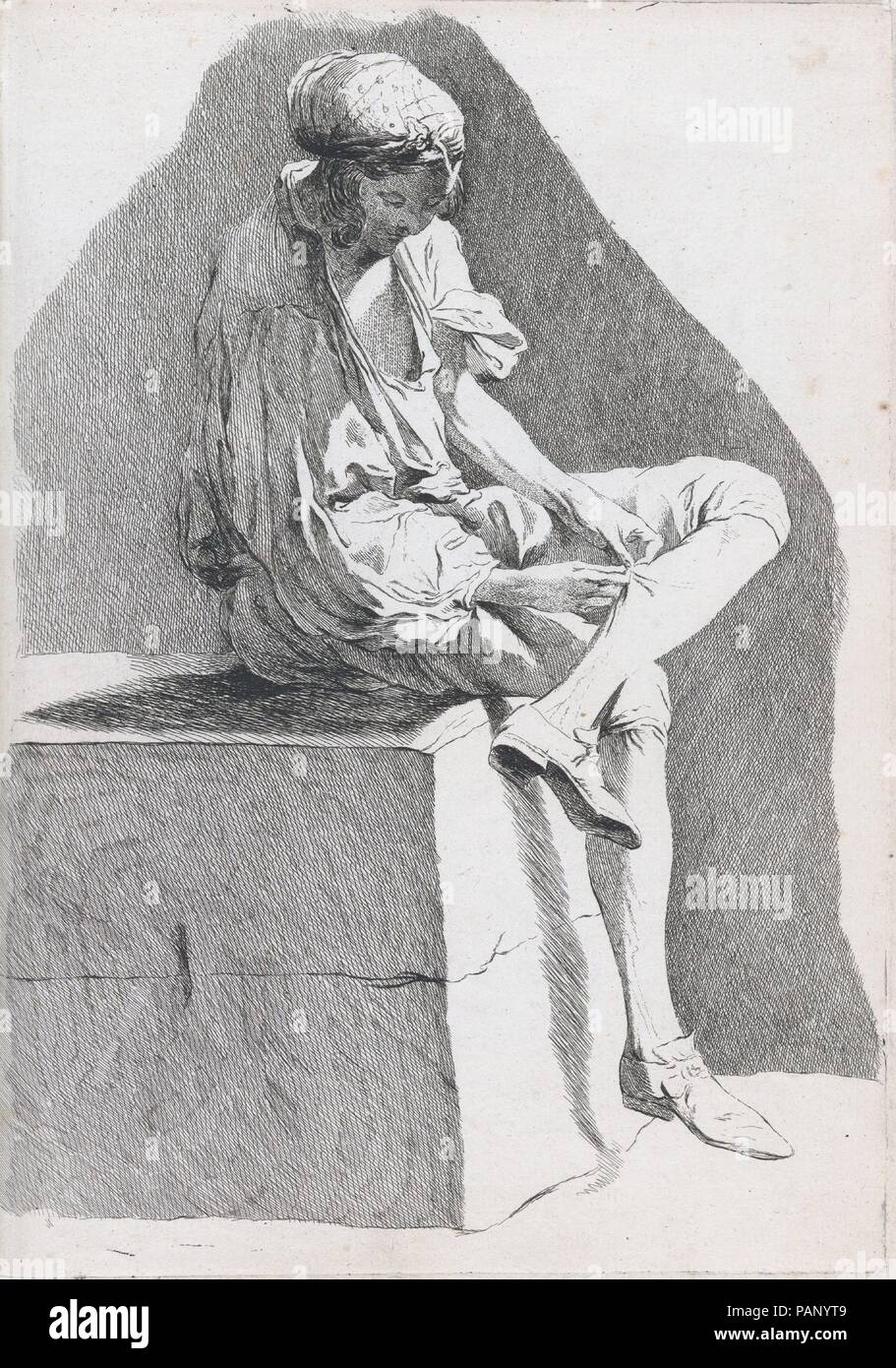 Youth Examining his Stocking (Young Boy of the People), pl. XVI from  "Recueil de caricatures". Artist: Ange-Laurent de La Live de Jully  (1725-1779); After Jacques François Joseph Saly (French, Valenciennes  1717-1776 Paris).