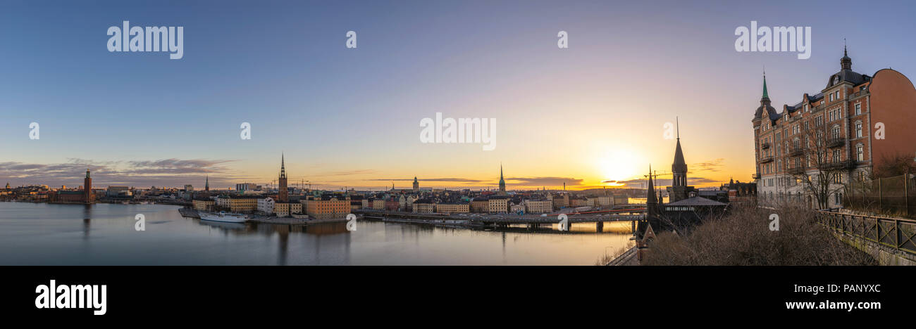 Stockholm sunrise city skyline panorama at Gamla Stan and Slussen, Stockholm Sweden Stock Photo