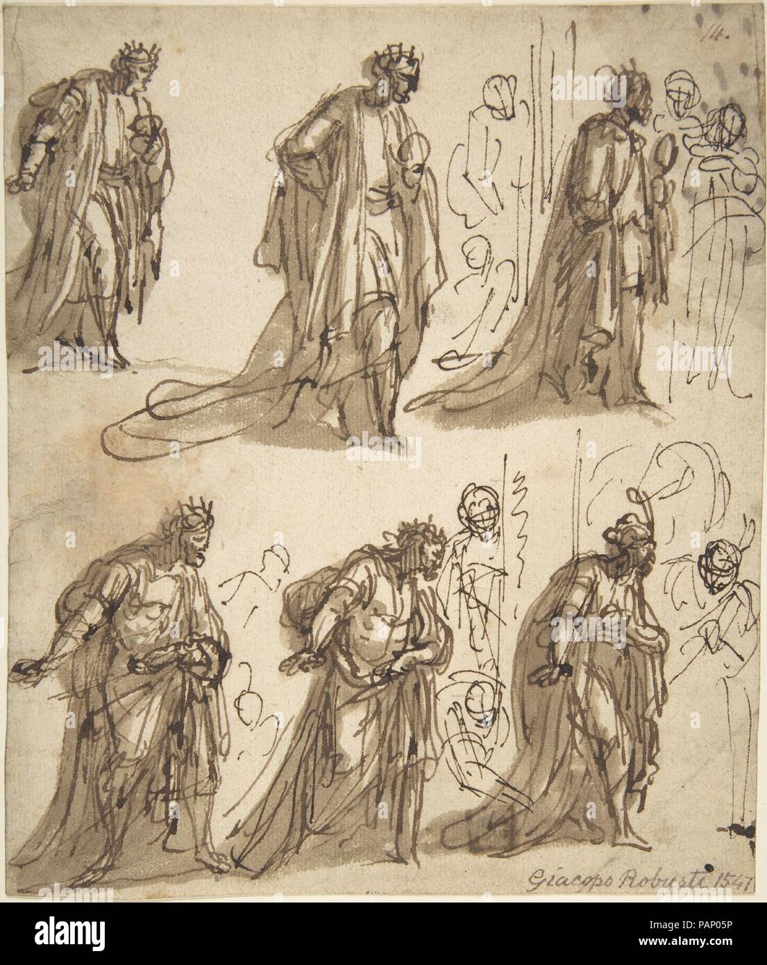 Six Studies of a King for an Adoration. Artist: Anonymous, Italian, Venetian, 16th century. Dimensions: 7 x 6 in.  (17.8 x 15.2 cm). Date: 16th century. Museum: Metropolitan Museum of Art, New York, USA. Stock Photo
