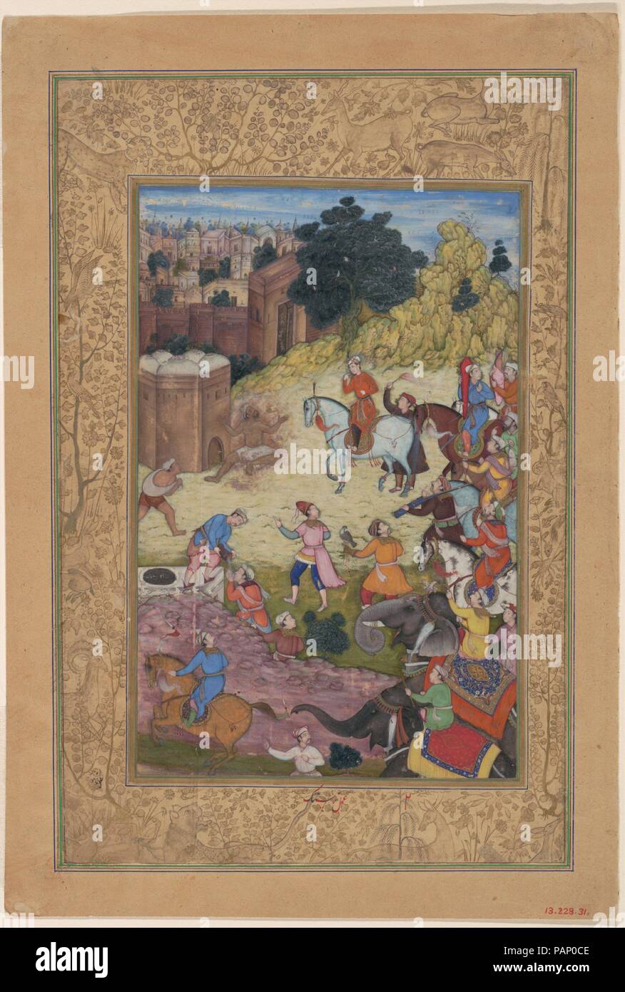 'A Bathhouse Keeper is Consumed by Passion for his Beloved', Folio from a Khamsa (Quintet) of Amir Khusrau Dihlavi. Artist: Painted by Nar Singh. Dimensions: Image: H. 10 in. (25.4 cm)   W. 6 1/2 in. (16.5 cm)  Page: H. 11 1/4 in. (28.6 cm)  W. 7 7/8 in. (20 cm)  Mat: H. 19 1/4 in. (48.9 cm)   W. 14 1/4 in. (36.2 cm). Poet: Amir Khusrau Dihlavi (1253-1325). Date: 1597-98.  Matla' al-Anwar (Rising of the Luminaries), the first poem of Amir Khusrau Dihlavi's Quintet, is comprised of 3310 verses compiled approximately in twenty Maqalat (didactic discourses). Matla' al-Anwar is a response by Amir  Stock Photo