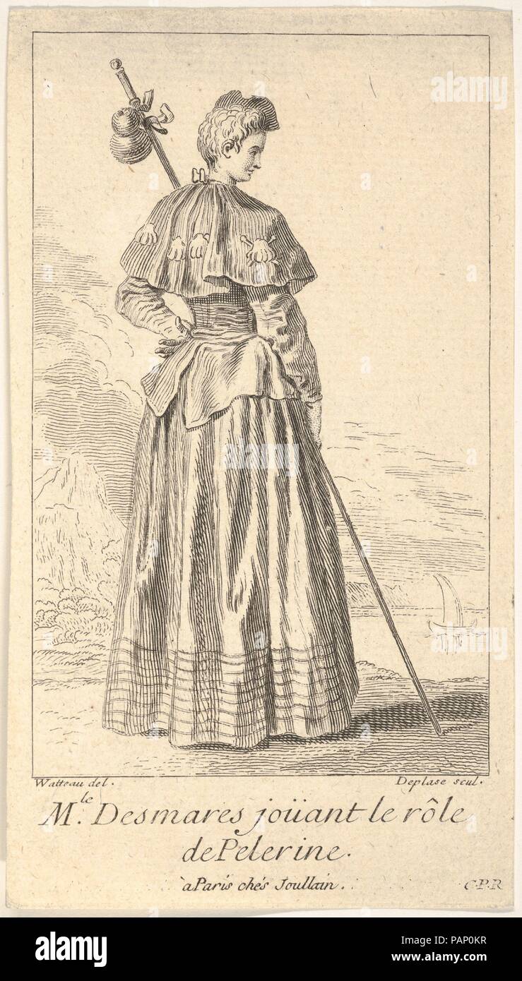 Actress Charlotte Desmares playing the role of a pilgrim, shown from behind with her head turned toward the right, she holds a walking stick, scallop shells adorn her cape. Artist: After Antoine Watteau (French, Valenciennes 1684-1721 Nogent-sur-Marne); Louis Desplaces (French, Paris 1682-1739 Paris). Dimensions: sheet: 5 1/2 x 3 1/16 in. (13.9 x 7.7 cm). Date: ca. 1710-39. Museum: Metropolitan Museum of Art, New York, USA. Stock Photo