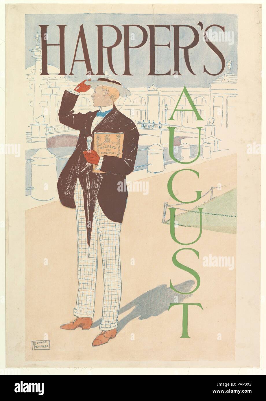 Harper's, August. Artist: Edward Penfield (American, Brooklyn, New York 1866-1925 Beacon, New York). Dimensions: Sheet: 19 5/16 × 13 1/2 in. (49.1 × 34.3 cm)  Image: 18 7/16 × 11 1/8 in. (46.8 × 28.3 cm). Publisher: Harper and Brothers, Publishers. Date: 1893. Museum: Metropolitan Museum of Art, New York, USA. Stock Photo