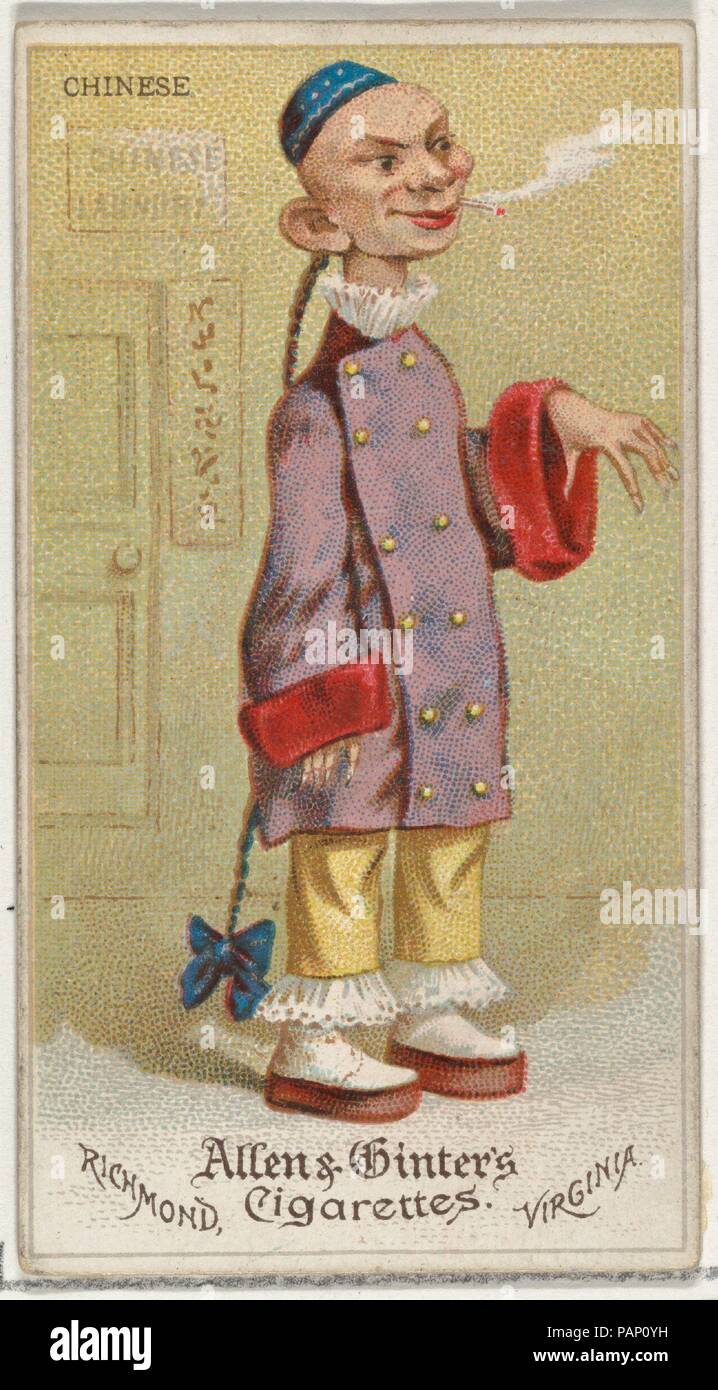 Chinese, from World's Dudes series (N31) for Allen & Ginter Cigarettes. Dimensions: Sheet: 2 3/4 x 1 1/2 in. (7 x 3.8 cm). Publisher: Allen & Ginter (American, Richmond, Virginia). Date: 1888.  Trade cards from the "World's Dudes" series (N31), issued in 1888 in a set of 50 cards to promote Allen & Ginter brand cigarettes. Museum: Metropolitan Museum of Art, New York, USA. Stock Photo