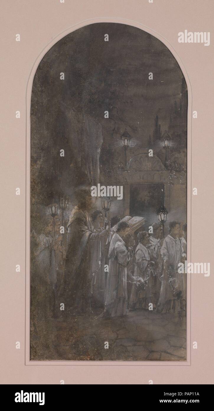 Design for single mosaic panel for 'Te Deum Laudamus' triptych. Artist: Frederick Wilson (American (born Ireland) Dublin 1858-1932 Los Angeles, California). Culture: American. Dimensions: Overall: 22 15/16 x 13 in. (58.3 x 33 cm)  Other: 16 9/16 x 7 3/4 in. (42 x 19.7 cm). Maker: Tiffany Studios (1902-32). Date: ca. 1922-23.  The Museum owns four drawings related to the monumental mosaic triptych 'Te Deum Laudamus' made for the First Methodist Episcopal Church of Los Angeles in 1922. The mosaics are currently installed at the Lake Merritt United Methodist Church in Oakland, California. This dr Stock Photo