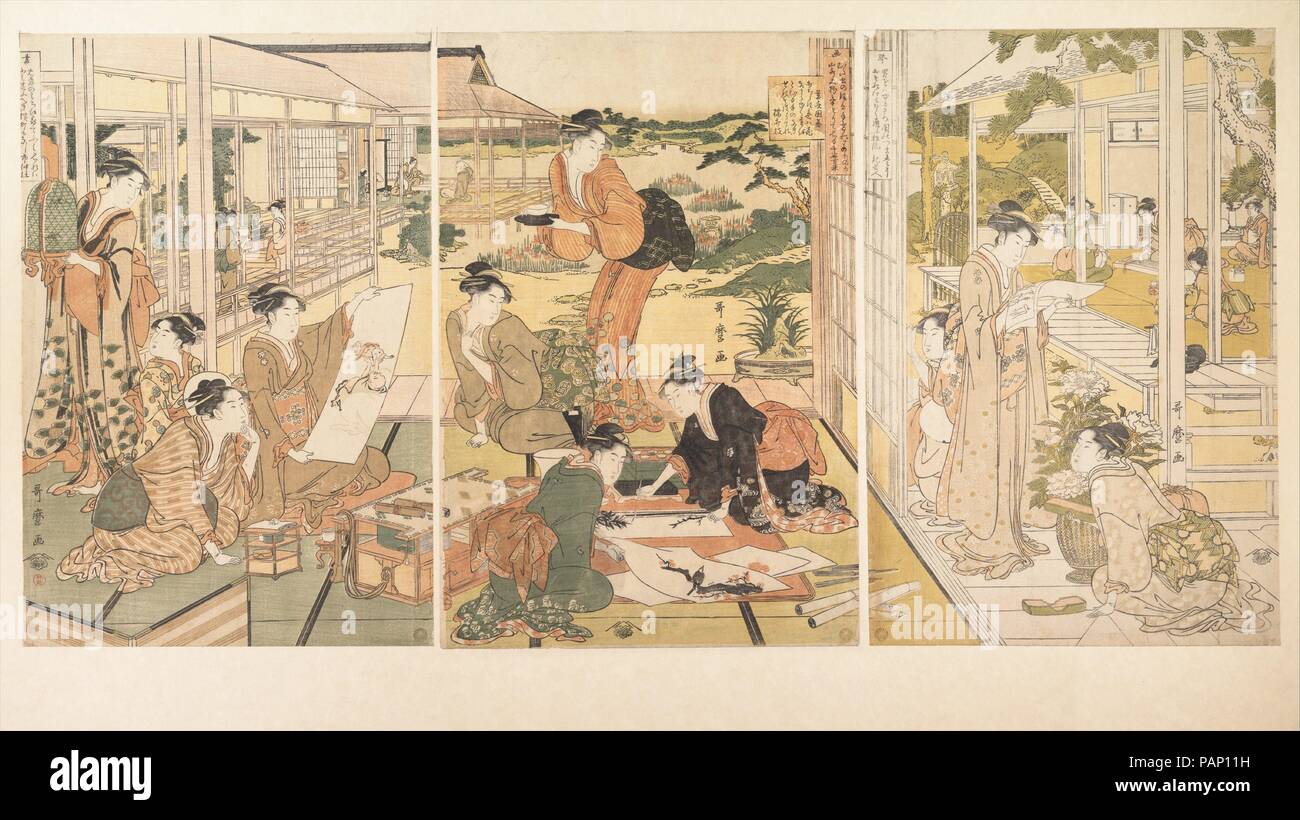 The Four Accomplishments (Kinkishoga). Artist: Kitagawa Utamaro (Japanese, ca. 1754-1806). Culture: Japan. Dimensions: 15 x 30 in. (38.1 x 76.2 cm). Date: ca. 1788-90.  The Four Elegant Accomplishments were the highly esteemed cultural activities of Chinese literati. Here, Utamaro parodies the venerable tradition by setting a contemporary version in an Edo pleasure house. Instead of learned gentlemen, renowned courtesans practice calligraphy, play the Chinese board game go, perform on the lute, and paint pictures. Although the Four Accomplishments were traditionally depicted with equal emphasi Stock Photo