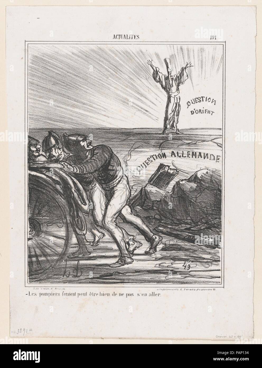 Maybe the firemen really shouldn't leave just yet, from 'News of the day,' published in Le Charivari, October 4, 1866. Artist: Honoré Daumier (French, Marseilles 1808-1879 Valmondois). Dimensions: Image: 10 3/16 × 8 1/4 in. (25.9 × 21 cm)  Sheet: 14 1/8 × 10 3/8 in. (35.9 × 26.4 cm). Printer: Destouches (Paris). Publisher: Arnaud de Vresse. Series/Portfolio: 'News of the day' (Actualités). Date: October 4, 1866. Museum: Metropolitan Museum of Art, New York, USA. Stock Photo