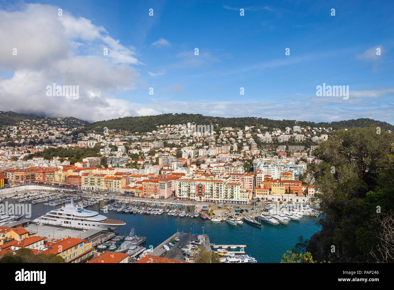 France, Provence-Alpes-Cote d'Azur, Nice, Cityscape and Port Lympia from above Stock Photo
