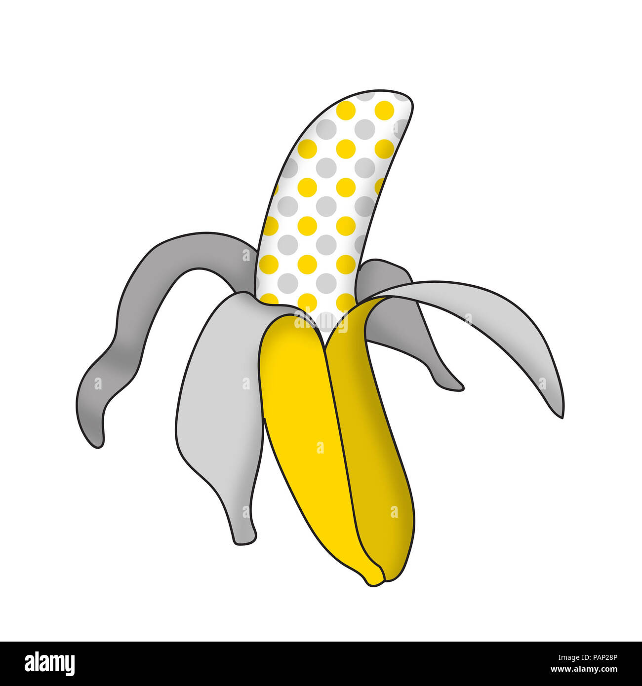 Stylized illustration of a colorful peeled banana with polka dot flesh. Stock Photo