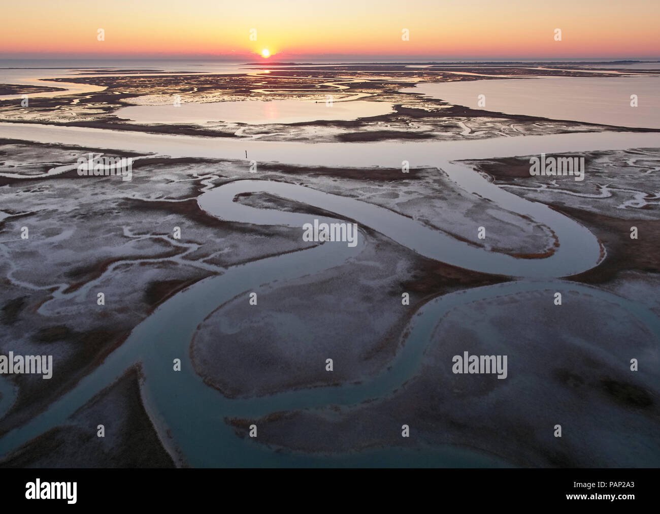 USA, Virginia, Aerial view of Virginia Coast Reserve, marshes at sunset Stock Photo