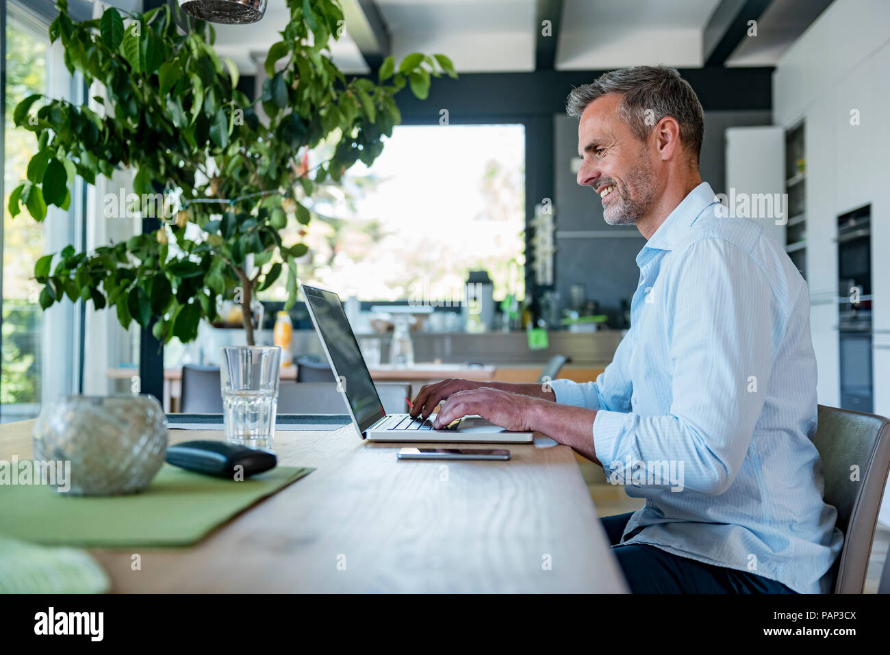 Smiling mature man at home using a laptop at table Stock Photo