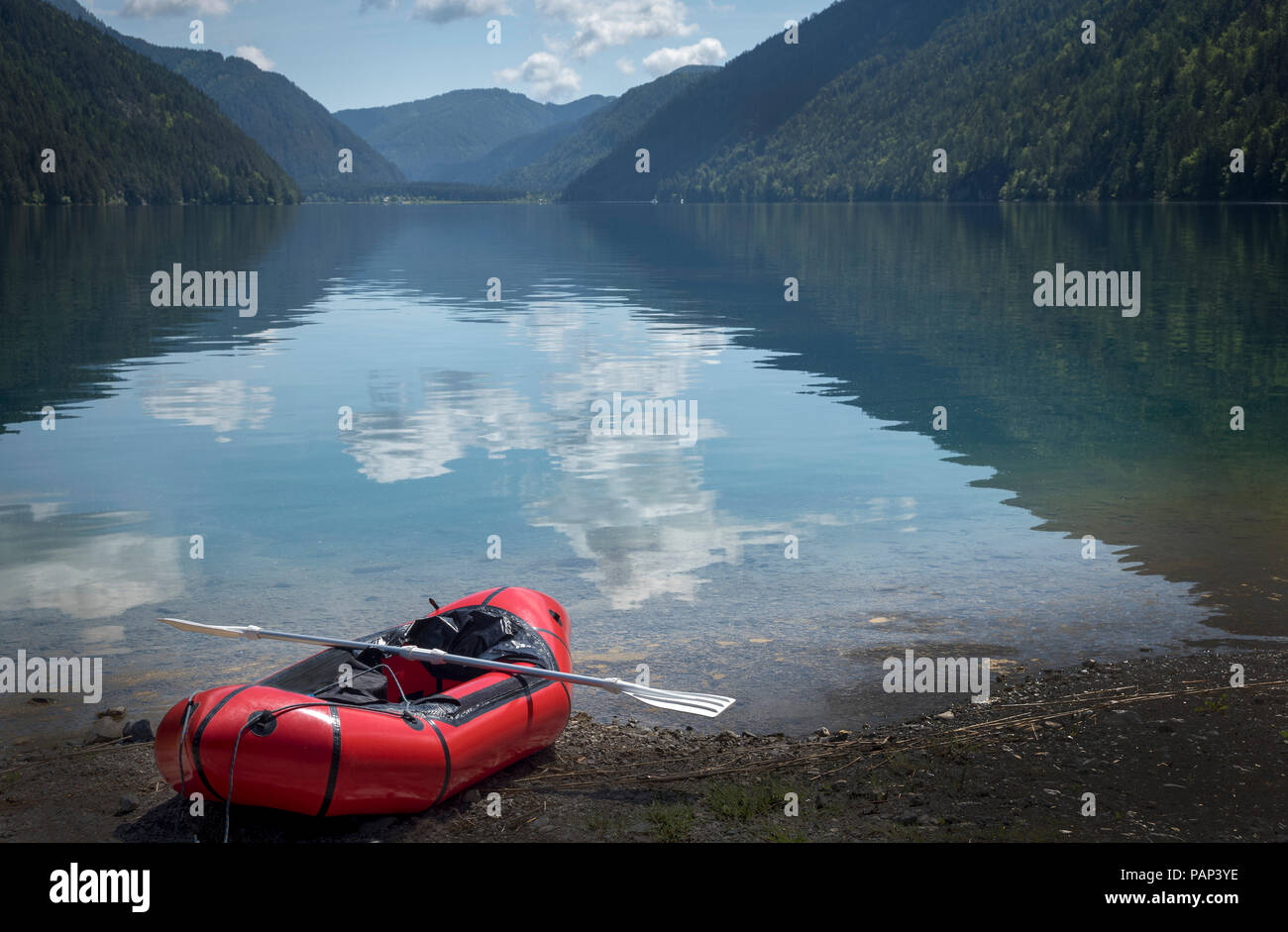 Austria, Carinthia, Weissensee, empty inflatable boat Stock Photo