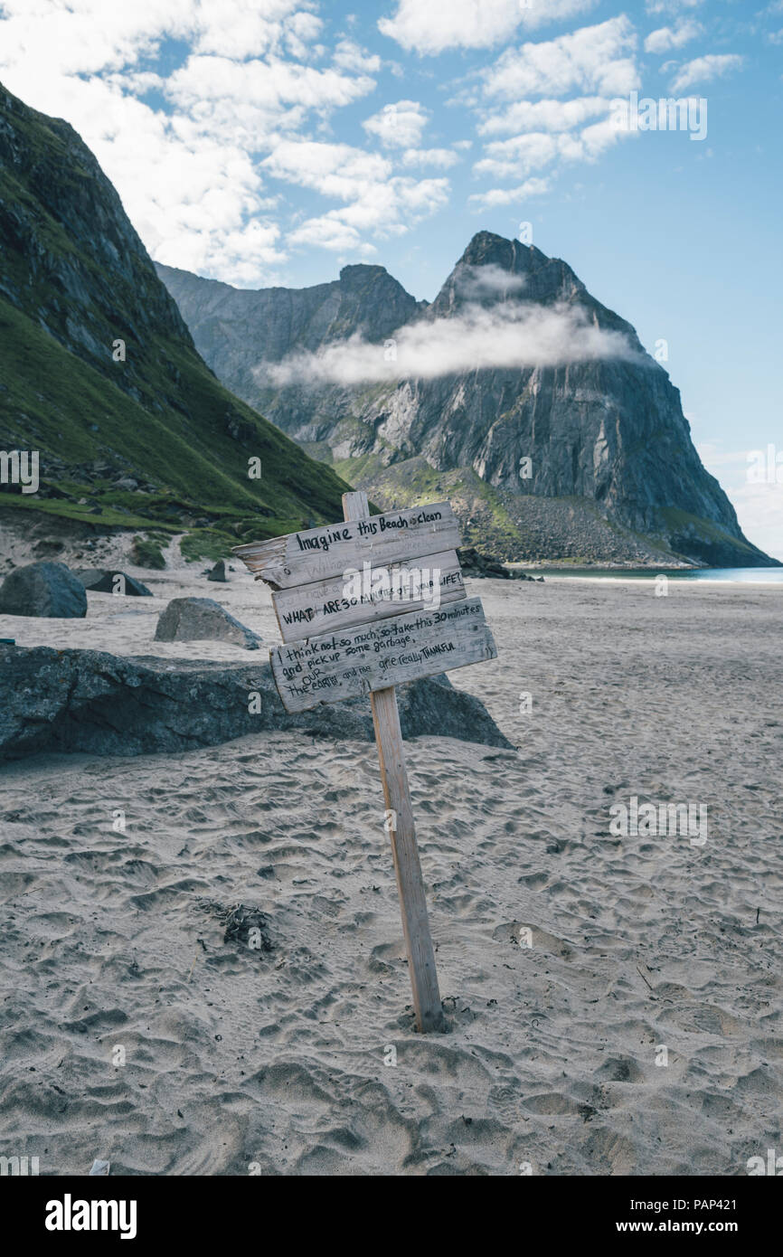 Norway, Lofoten, Moskenesoy, Sign at Kvalvika Beach Stock Photo