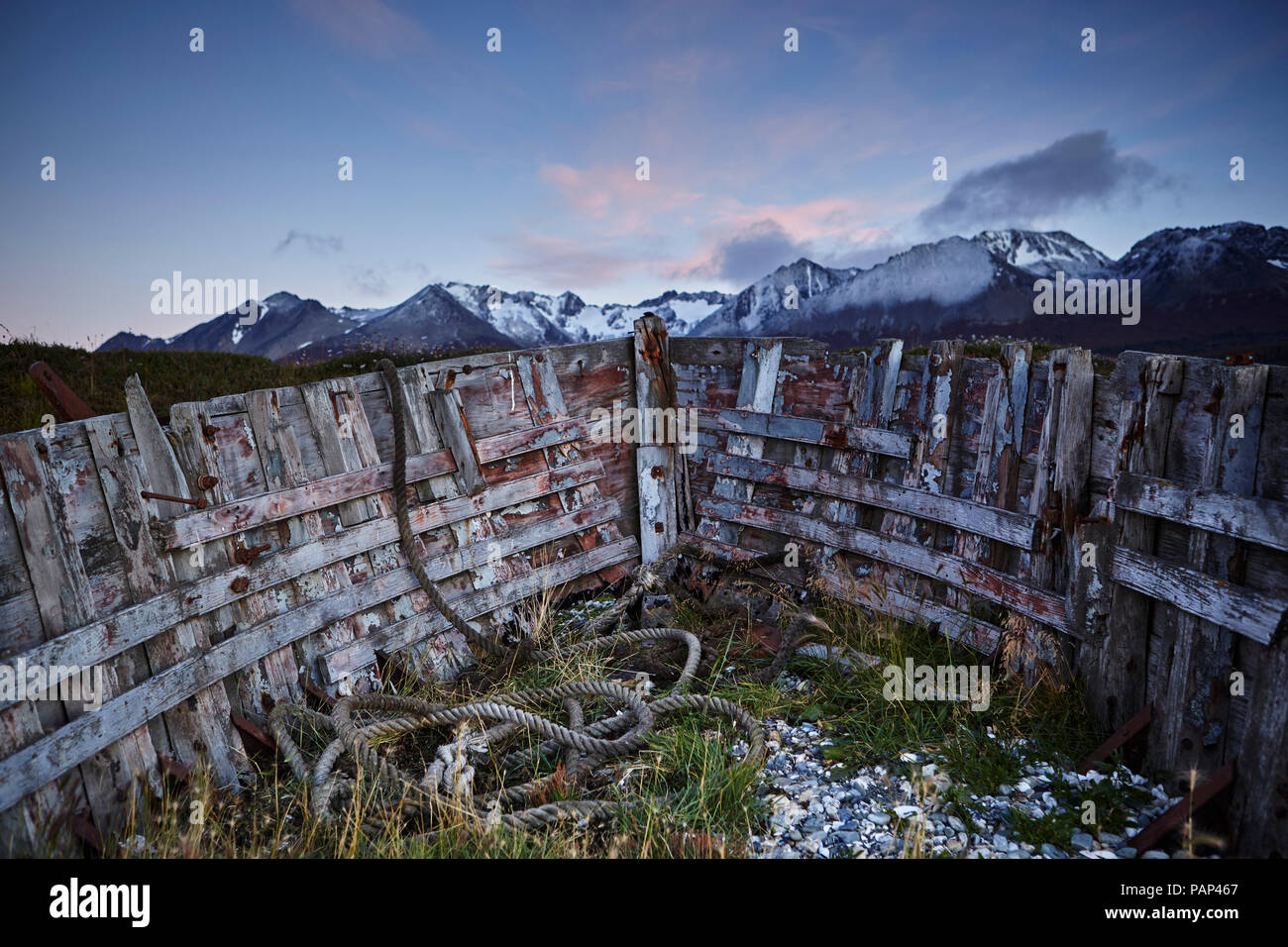 Argentina, Tierra del Fuego, Ushuaia, ship wrack at sunrise Stock Photo
