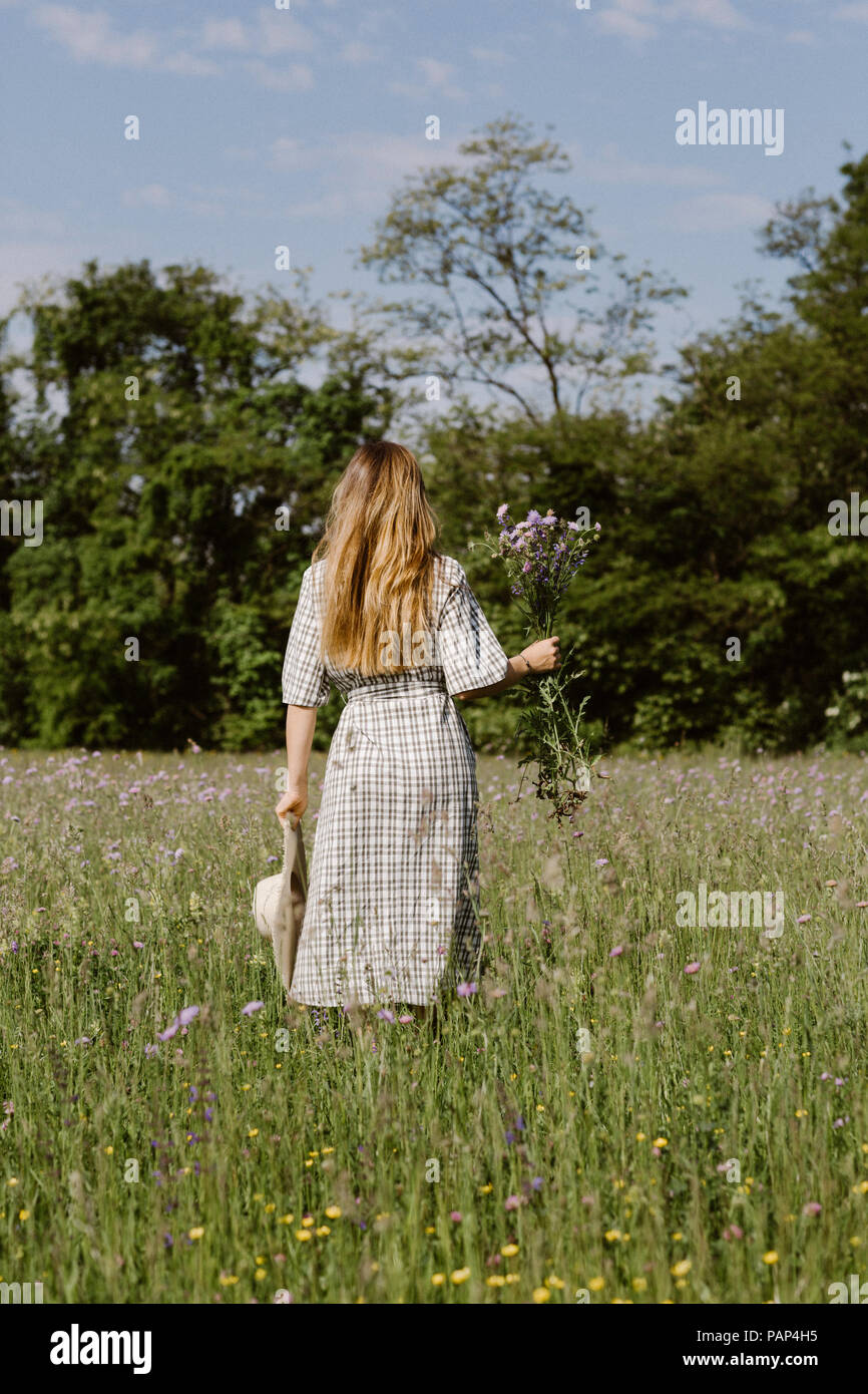 Italy, Veneto, Young woman plucking flowers and herbs in field Stock Photo