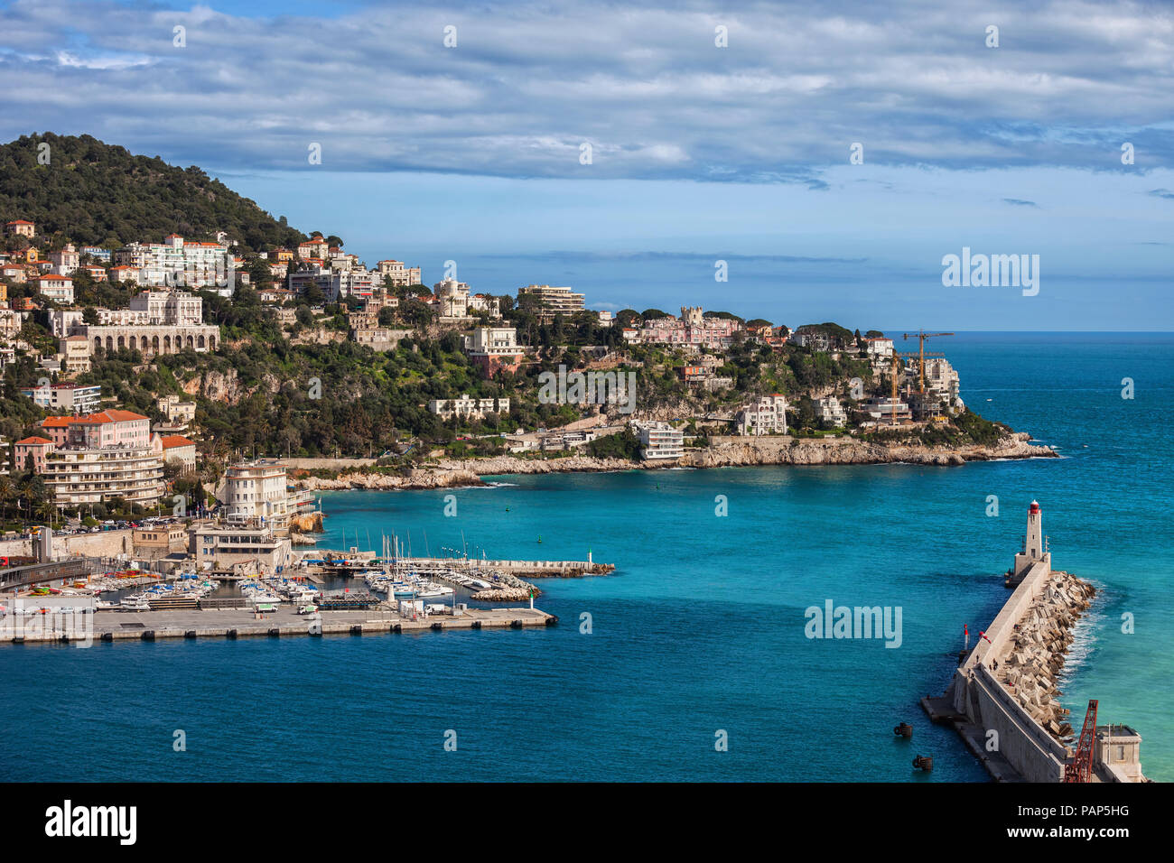 France, Provence-Alpes-Cote d'Azur, Nice, French Riviera coastline at Mediterranean Sea, Port entrance Stock Photo