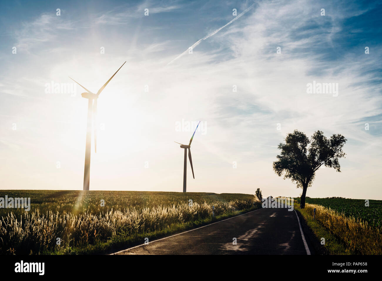 Empty country road and wind turbines at sunset Stock Photo