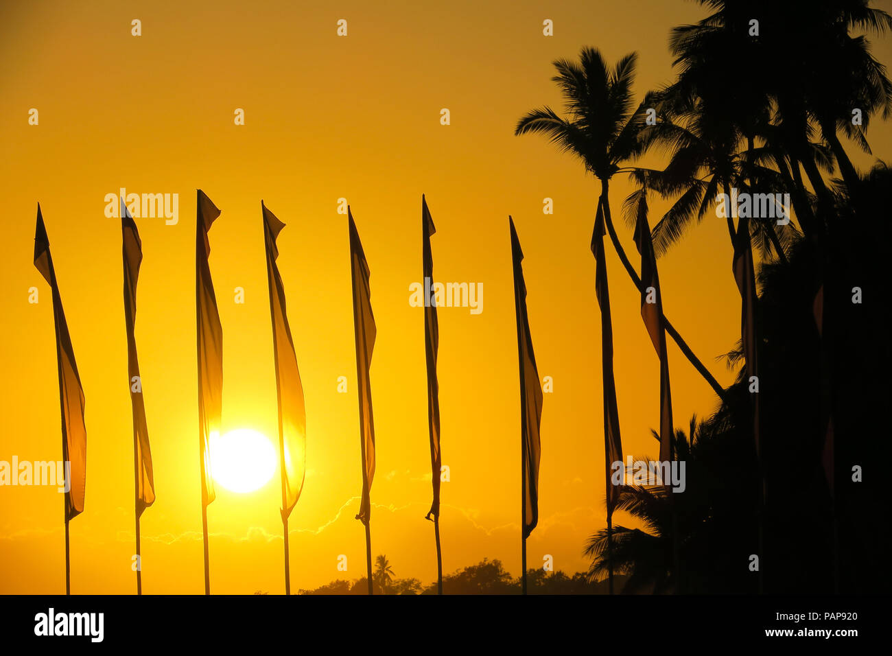 Yellow Sun going down between resort flags on the beach in Bohol, Philippines Stock Photo