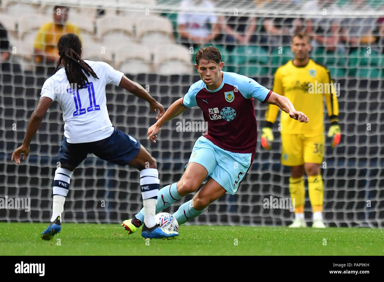 Burnley's James Tarkowski in action during a pre season friendly match at Deepdale, Preston. PRESS ASSOCIATION Photo. Picture date: Monday July 23, 2018. Photo credit should read: Antony Devlin/PA Wire. No use with unauthorised audio, video, data, fixture lists, club/league logos or 'live' services. Online in-match use limited to 75 images, no video emulation. No use in betting, games or single club/league/player publications. Stock Photo