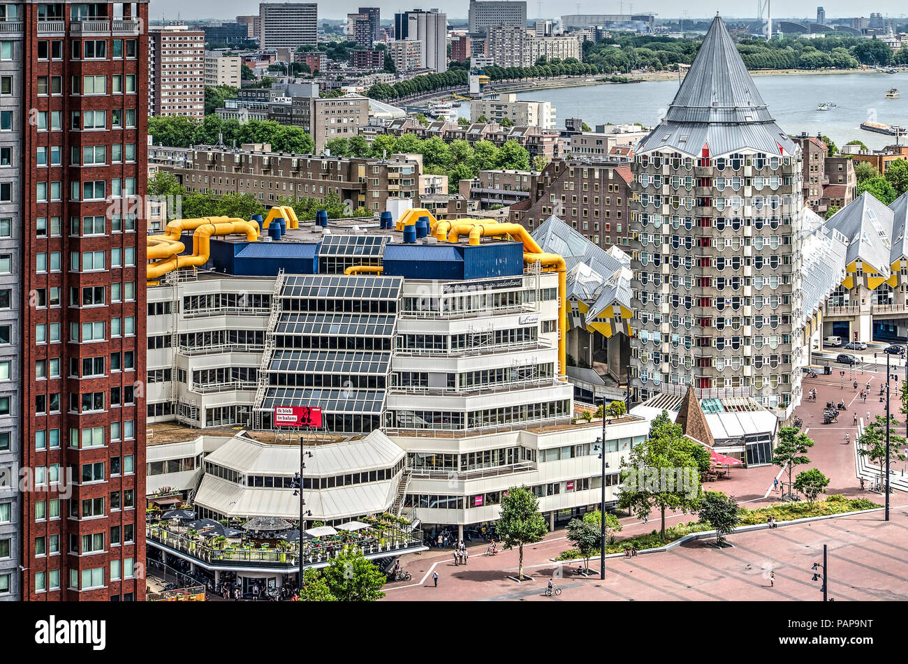 Rotterdam, The Netherlands, July 18, 2018: aerial view of the municipal library, completed in 1983 to a design by Van den Broek & Bakema architects Stock Photo
