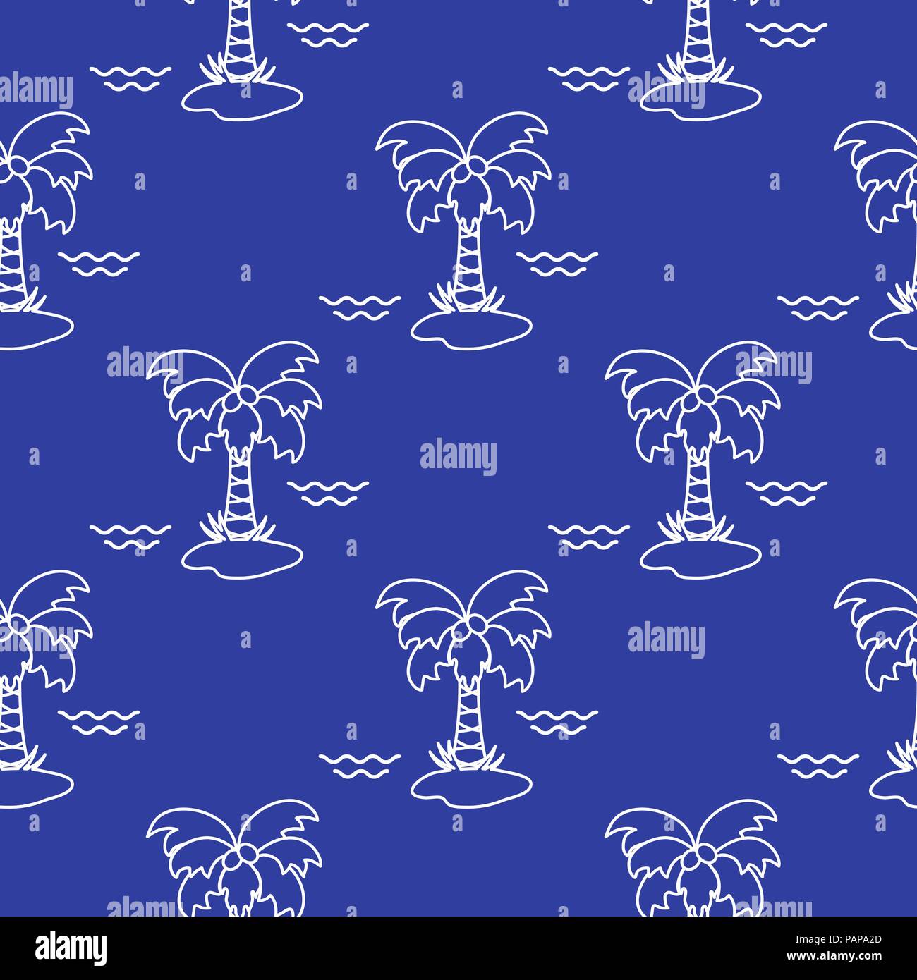 Seamless pattern with palm trees, coconuts and waves. Design for postcard, invitation, banner. Stock Vector