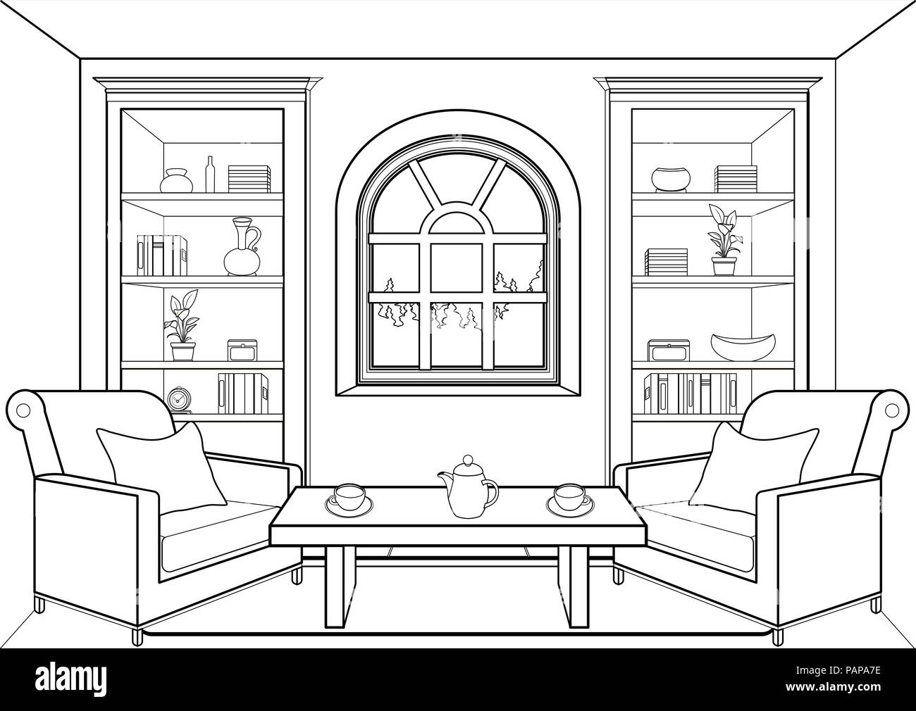 Room with large window outline, flat interior, contour linear drawing, coloring, black and white vector illustration. living room, cabinets with books Stock Vector
