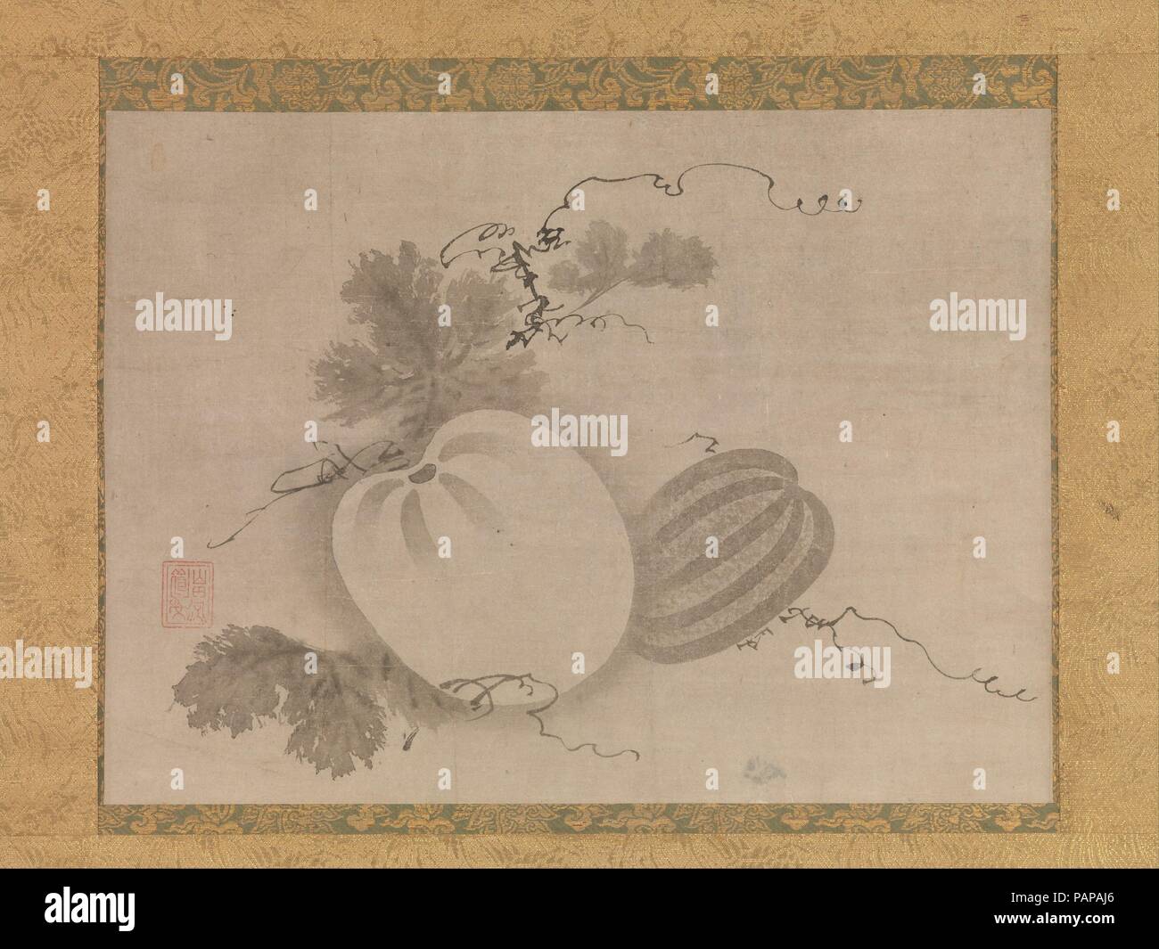 Melons. Artist: Yamada Doan (Japanese, second half of the 16th century). Culture: Japan. Dimensions: Image: 13 1/4 × 18 1/8 in. (33.6 × 46 cm)  Overall with mounting: 47 1/2 × 23 7/8 in. (120.7 × 60.6 cm)  Overall with knobs: 47 1/2 × 25 13/16 in. (120.7 × 65.5 cm). Date: late 16th century.  Images of fruits and vegetables were often displayed in Zen temples as symbolic offerings to Buddhist icons. Although similar images were produced earlier in Song dynasty China, ink paintings of isolated fruits or vegetables became popular in Japan during the late Muromachi period, when they were associate Stock Photo