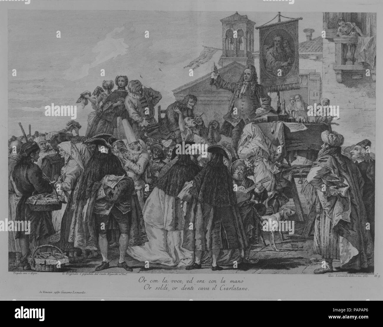 The Quack Dentist. Artist: Giacomo Leonardis (Italian, 1723-1794); After Giovanni Domenico Tiepolo (Italian, Venice 1727-1804 Venice). Dimensions: plate: 14 3/8 x 19 3/16 in. (36.5 x 48.7 cm)  sheet: 18 7/16 x 22 3/8 in. (46.9 x 56.9 cm). Series/Portfolio: Plate 9 from Selection of Pictures from Venetian Collections, series of nineteen prints. Date: 1765. Museum: Metropolitan Museum of Art, New York, USA. Stock Photo