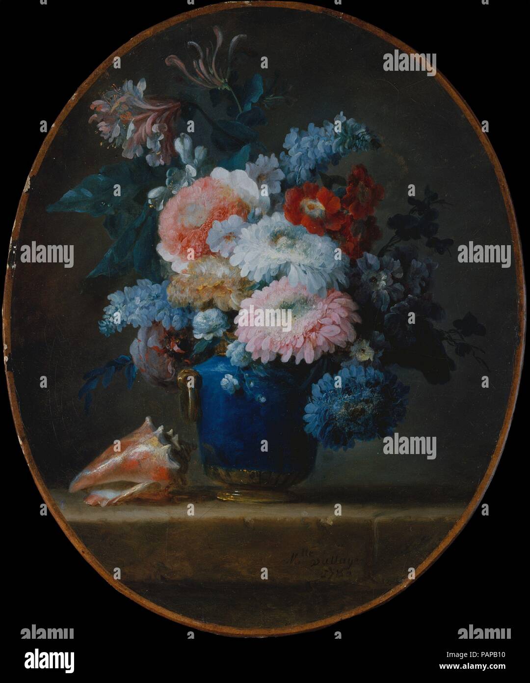 Vase of Flowers and Conch Shell. Artist: Anne Vallayer-Coster (French, Paris 1744-1818 Paris). Dimensions: Oval, 19 3/4 x 15 in. (50.2 x 38.1 cm). Date: 1780.  A leading exponent of still life painting, Vallayer-Coster joined the French Academy in 1770. She was patronized before the revolution by Marie Antoinette and later by the Empress Josephine.  This picture can perhaps be identified with one of 'three small oval paintings of flowers and fruits' exhibited in the Salon of 1781. Diderot commented upon the truthfulness of her work. Notice the play of light on the porcelain and gilt of the vas Stock Photo