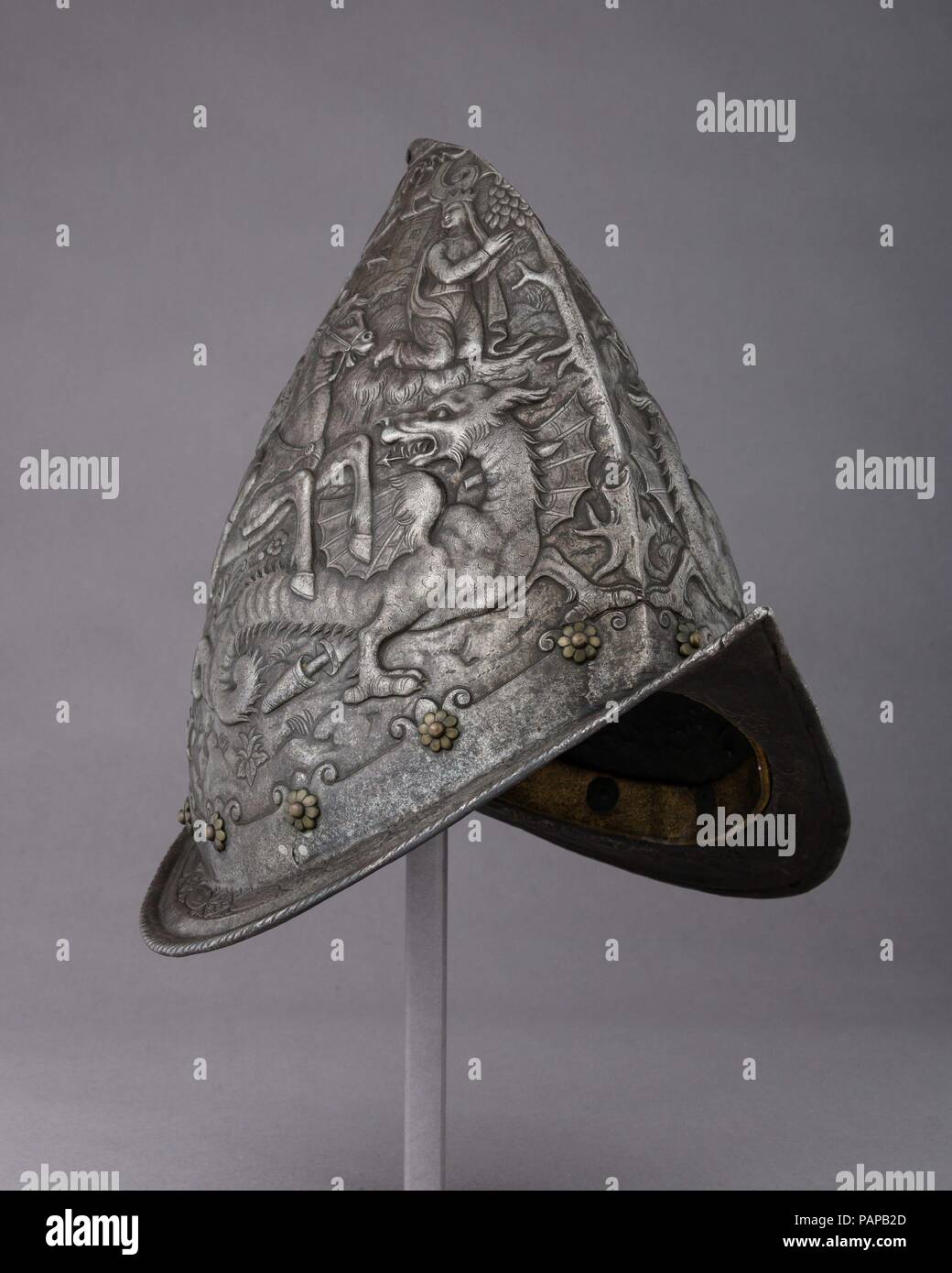 Cabasset. Culture: French or Italian. Dimensions: H. 11 1/4 in. (28.6 cm); W. 9 in. (22.9 cm); D. 13 1/4 in. (33.7 cm); Wt. 2 lb. 13.3 oz. (1284.2 g). Date: 16th century; embossed decoration, probably 18th-19th century. Museum: Metropolitan Museum of Art, New York, USA. Stock Photo