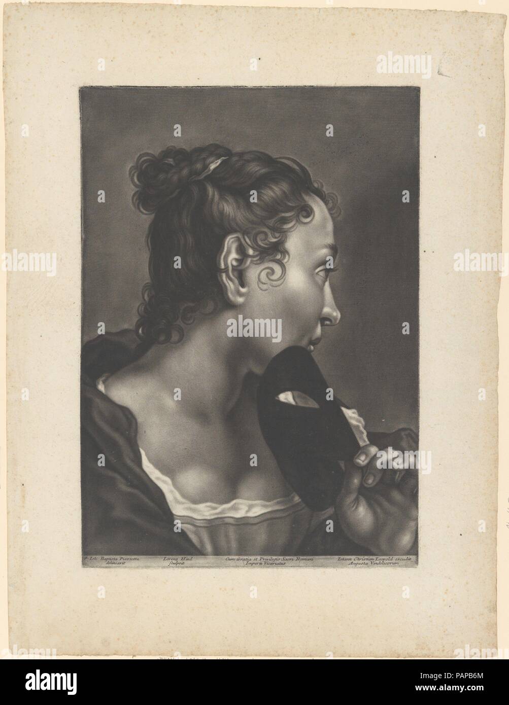 Portrait of a Young Woman Holding a Mask. Artist: After Giovanni Battista Piazzetta (Italian, Venice 1682-1754 Venice); Johann Lorenz Haid (German, Kleineislingen 1702-1750 Augsburg). Dimensions: Plate: 15 3/16 × 10 5/8 in. (38.6 × 27 cm)  Sheet: 19 1/4 × 14 1/4 in. (48.9 × 36.2 cm). Publisher: Johann Christian Leopold , Augsburg. Date: ca. 1750s. Museum: Metropolitan Museum of Art, New York, USA. Stock Photo