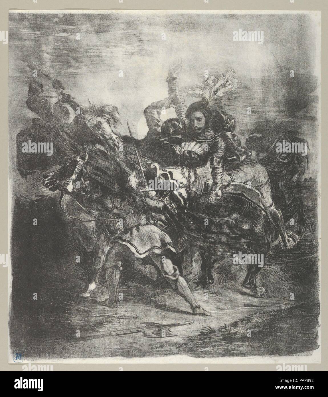 Weislingen attacked by Goetz's Men. Artist: Eugène Delacroix (French, Charenton-Saint-Maurice 1798-1863 Paris). Dimensions: 12 1/4 x 10 11/16 in. (31.1 x 27.2 cm). Series/Portfolio: Goethe, Goetz von Berlichingen, Act 1, Scene 3. Date: 1836-43.  The subject for this print is based on a scene in Goethe's play (published in German in 1773; and French in 1823) that tells the story of  the life of a German knight (1480-1562) who fought to regain the privileges of free knights, nullified by the emperor Maximilian I in 1495. Museum: Metropolitan Museum of Art, New York, USA. Stock Photo